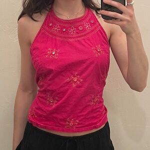 Miss Selfridge Pink Embroidered Halterneck Tie Back Top